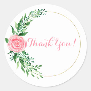 Gold Pink Floral Watercolor Elegant Thank You Classic Round Sticker