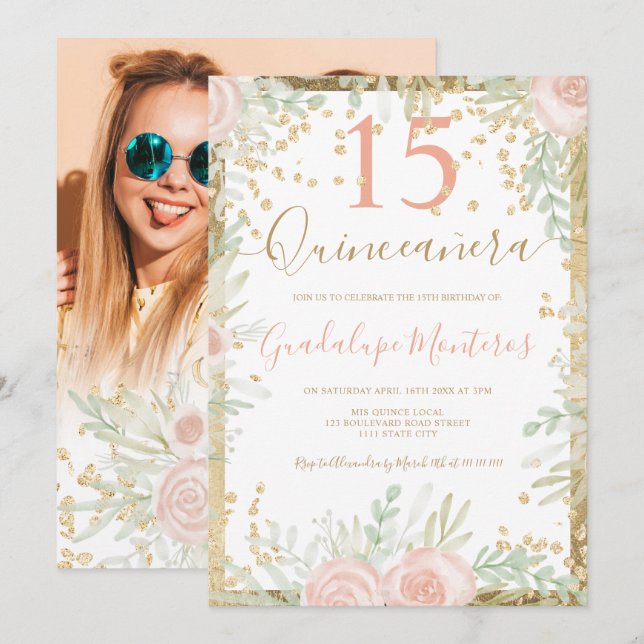 Gold pink floral watercolor Quinceanera photo Invitation (Front/Back)