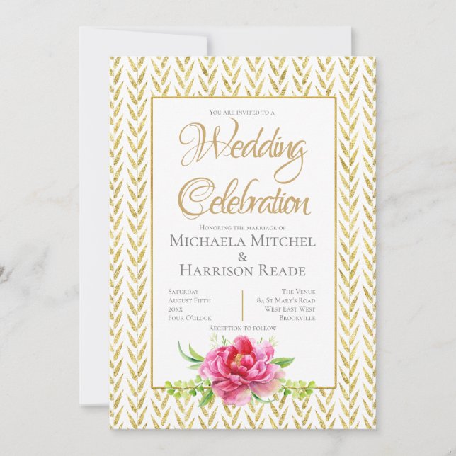 Gold & Pink Floral Wedding Invitation (Front)