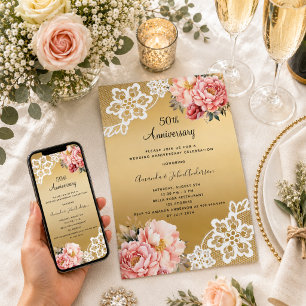 Gold pink florals 50th wedding anniversary invitation
