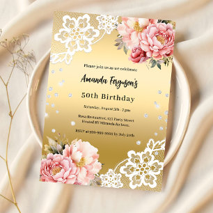 Gold pink florals luxury 50th birthday invitation