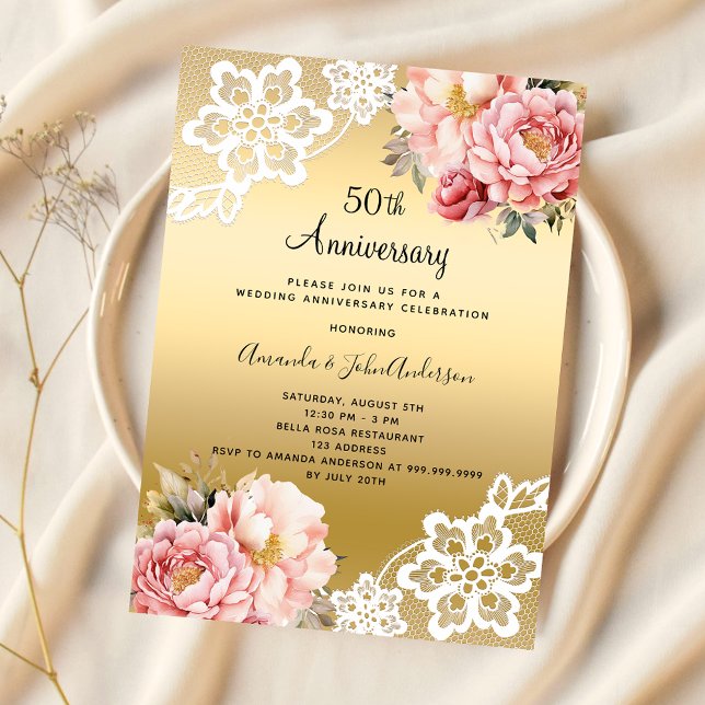 Gold pink florals luxury 50th wedding anniversary invitation (Creator Uploaded)