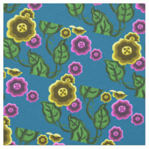 Gold/pink flowers/green leaves/Folk floral/blue Fabric