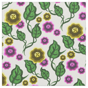 Gold/pink flowers/green leaves/Folk floral Fabric
