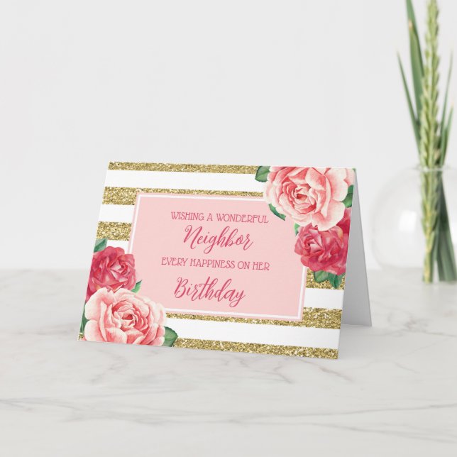 Gold Pink Flowers Neighbor Birthday Card (Front)