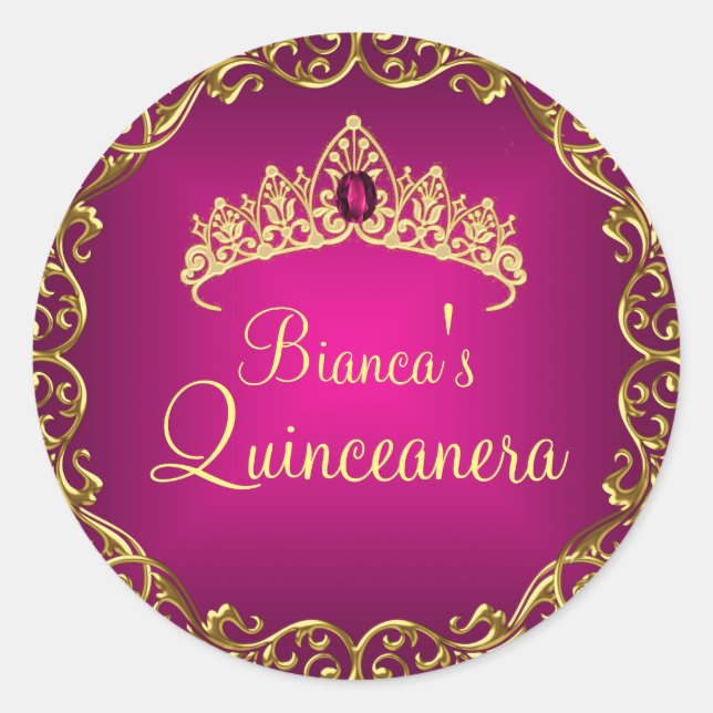 Gold & Pink Gem Tiara Quinceanera Sticker (Front)