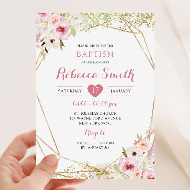 Gold Pink Geometric Floral Girl Baptism Invitation (Creator Uploaded)