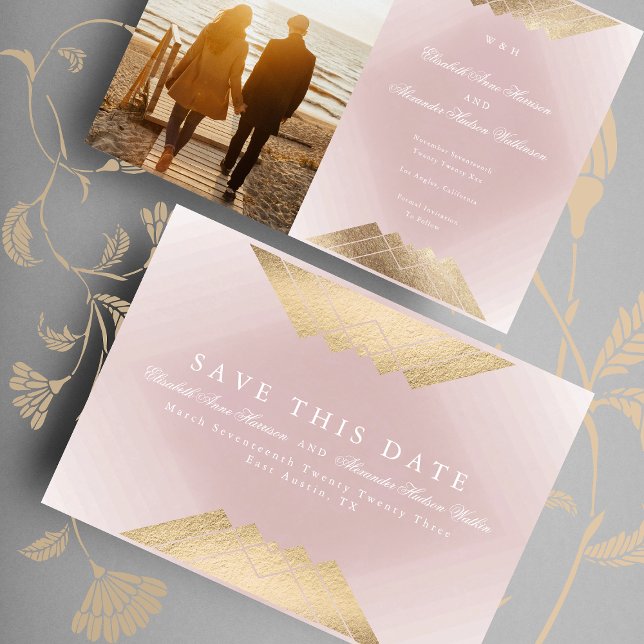 Gold Pink Geometric Gatsby Foil Save The Date Announcement (Creator Uploaded)