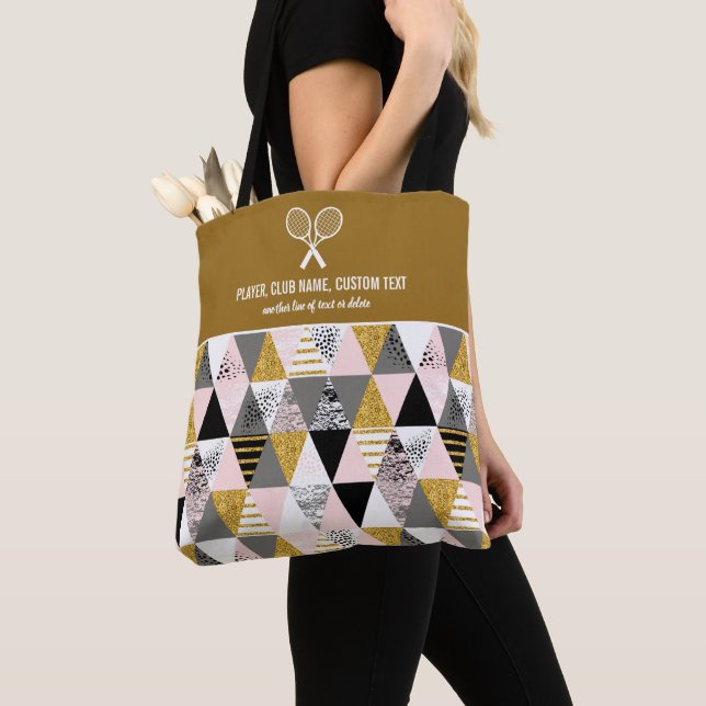 Gold Pink Geometric Print Custom Tennis Rackets Tote Bag (Close Up)