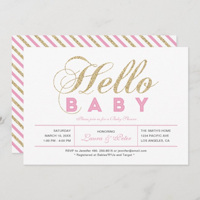 Gold & Pink | Girl, Modern Typography Baby Shower Invitation (Front/Back)