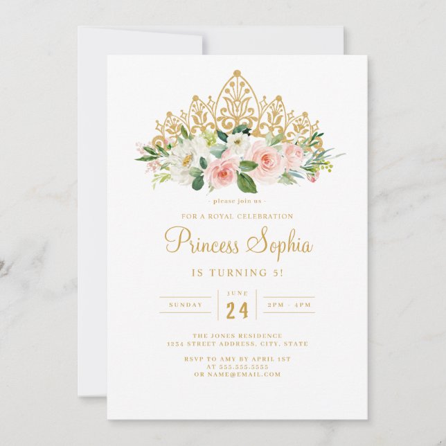 Gold Pink Girls Princess Floral Tiara Birthday Invitation (Front)