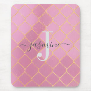 Gold & Pink Girly Glitter Monogram Script Mouse Pad