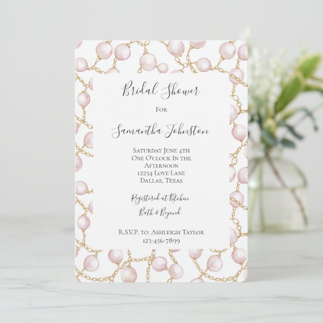 Gold Pink Glam Pearls Bridal Shower Invitation (Standing Front)