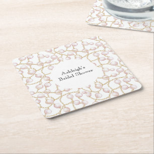 Gold Pink Glam Pearls Bridal Shower Square Paper Coaster