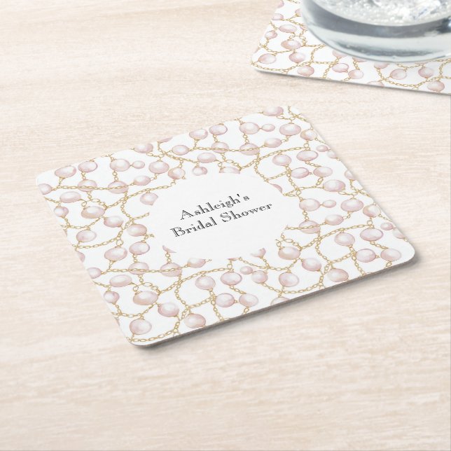 Gold Pink Glam Pearls Bridal Shower Square Paper Coaster (Angled)