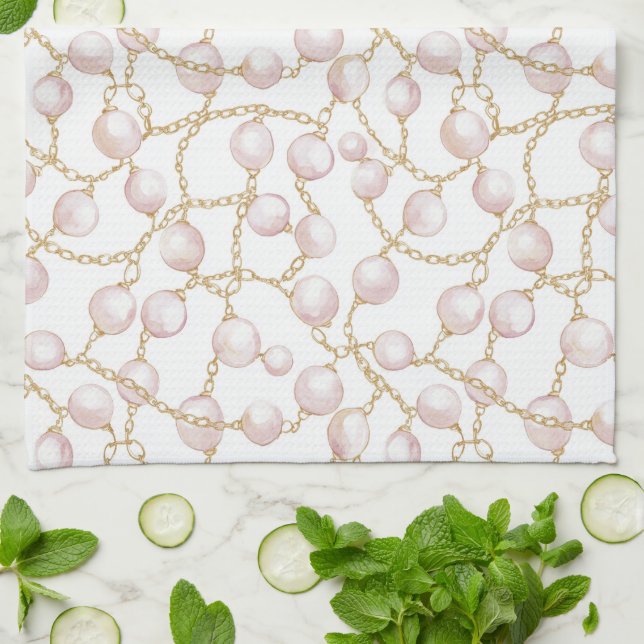 Gold Pink Glam Pearls Bridal Shower Tea Towel (Folded)