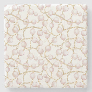 Gold Pink Glam Pearls Stone Coaster