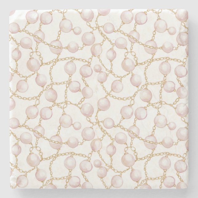 Gold Pink Glam Pearls Stone Coaster (Front)