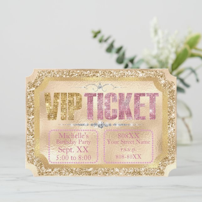 Gold & Pink Glitter and Diamonds Ticket Invitation (Standing Front)