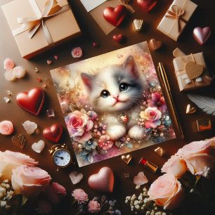 Gold Pink Glitter Floral Watercolor Cat Valentine  Holiday Card