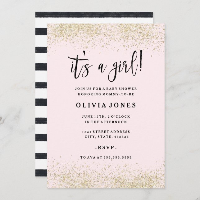 Gold Pink Glitter Girl Baby Shower Invitation (Front/Back)