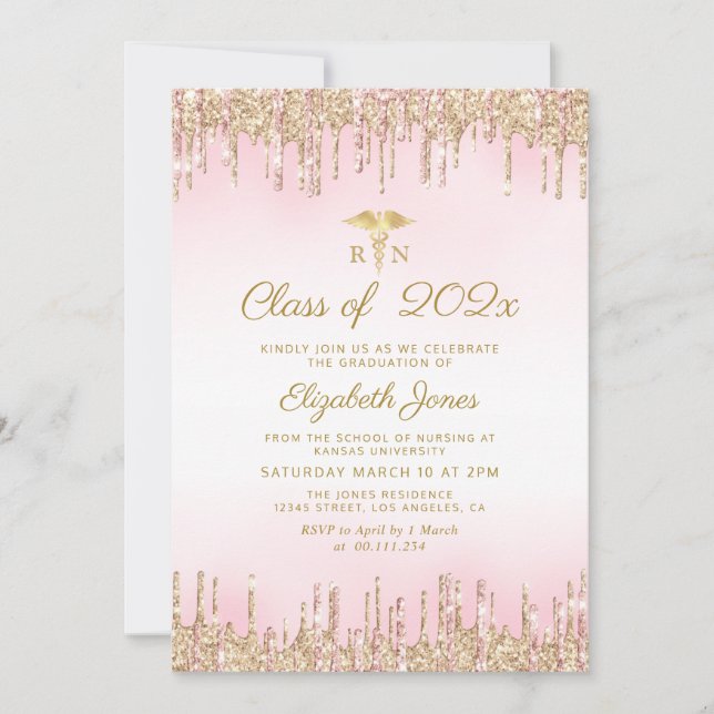gold pink glitter nursing graduation party invitation (Front)