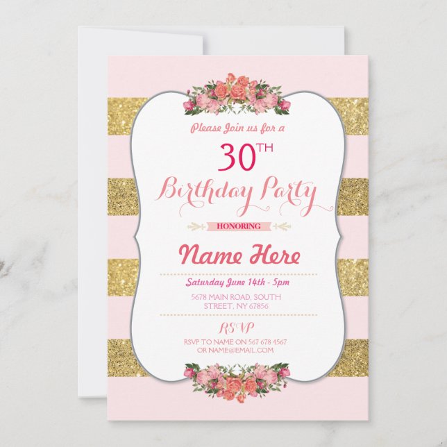 Gold Pink Glitter Stripe Birthday Party Invite (Front)