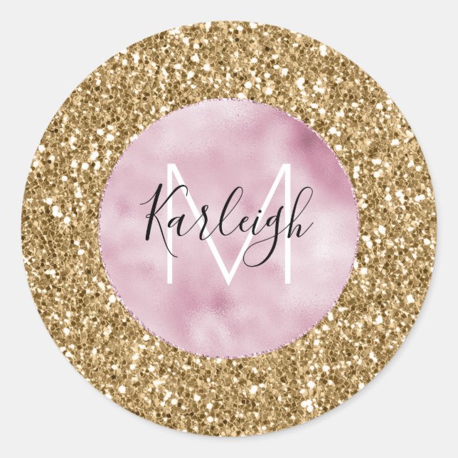 Gold Pink Glitzy Glitter Monogram personalised Classic Round Sticker (Front)