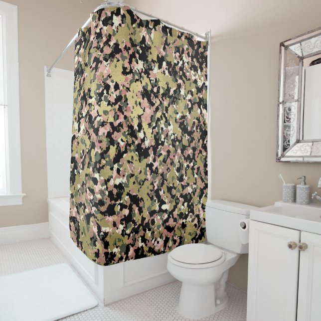 Gold Pink Green Black Camouflage Pattern Print Shower Curtain (In Situ)