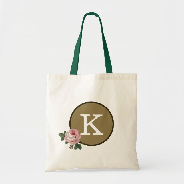 Gold Pink Green Rose Pattern Elegant Monogram Tote Bag (Front)