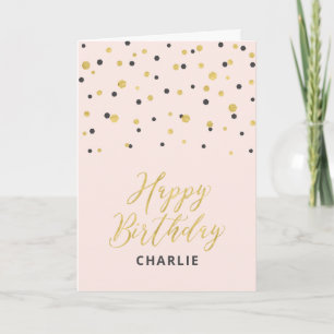 Gold & Pink Happy Birthday Custom Name Greeting Card