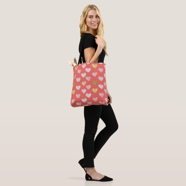 Gold Pink Hearts Pattern Tote Bag (On Model)