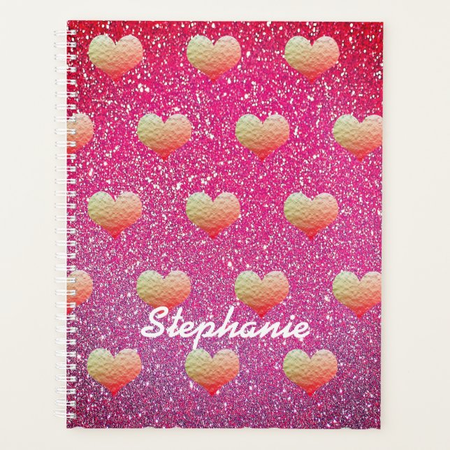 Gold Pink Hearts Patterns Glitter Monograms Cute Planner (Front)