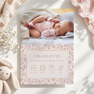 gold pink icons   baby birth announcement card