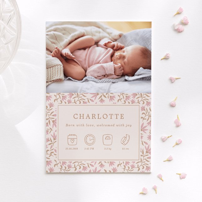 gold pink icons | baby birth announcement card (Creator Uploaded)