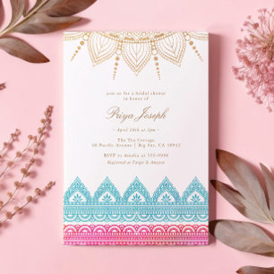 Gold Pink Indian Henna Bridal Shower Invitation