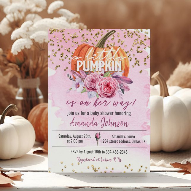 Gold & Pink Little Pumpkin Baby Shower Invitation (Creator Uploaded)