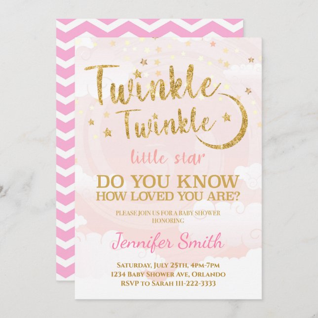 Gold Pink Little Star Baby Shower Invitation (Front/Back)