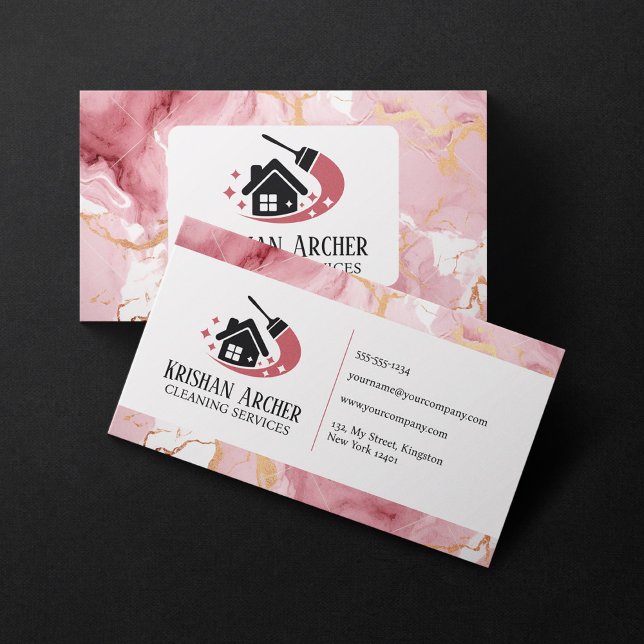 Gold Pink Marble House Cleaning maid service Business Card (Creator Uploaded)