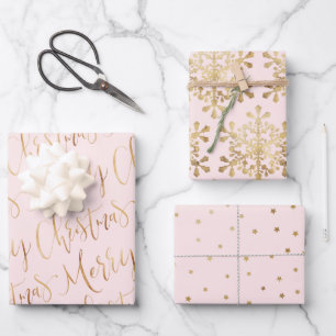 Gold Pink Merry Christmas Script Snowflakes Stars Wrapping Paper Sheet