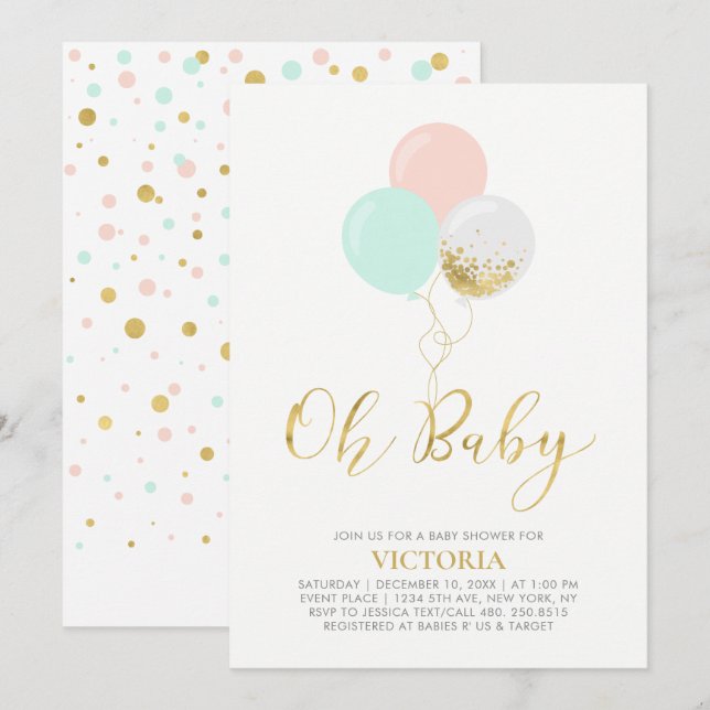 Gold, Pink, Mint Balloons | Oh Baby Baby Shower Invitation (Front/Back)