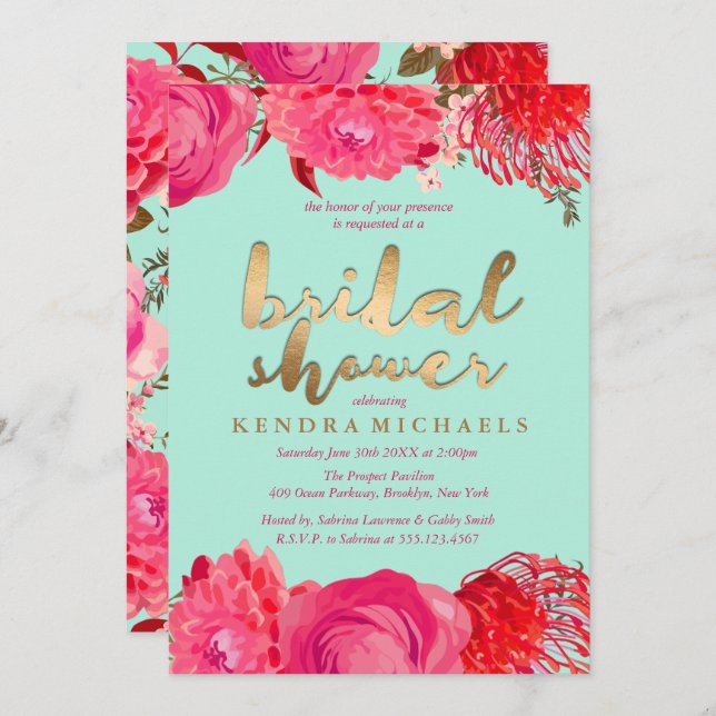 Gold, Pink & Mint Floral Bridal Shower Invitations (Front/Back)
