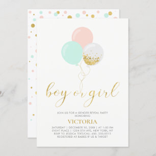 Gold, Pink, Mint Gender Reveal Baby Shower Invitation