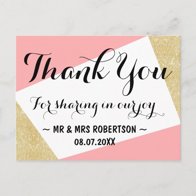 Gold pink modern colour block wedding thank you postcard (Front)