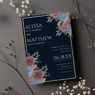 Gold pink navy blue watercolor floral wedding invitation