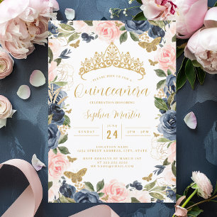 Gold Pink Navy Floral Tiara Butterfly Quinceanera  Invitation