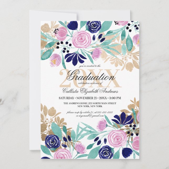 Gold Pink Navy Floral Watercolor Graduation Invitation (Front)