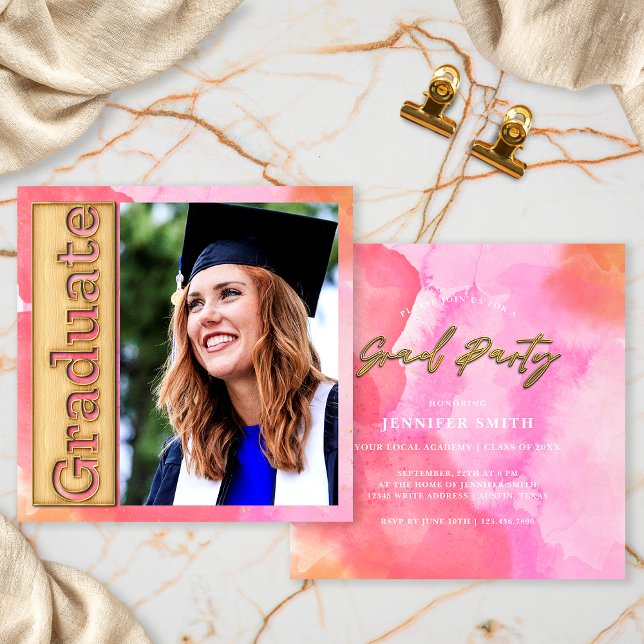 Gold Pink Orange Photo Graduation Graduate Party Invitation (Creator Uploaded)