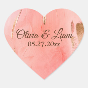 Gold Pink Peach Brown Name Date Elegant Wedding Heart Sticker