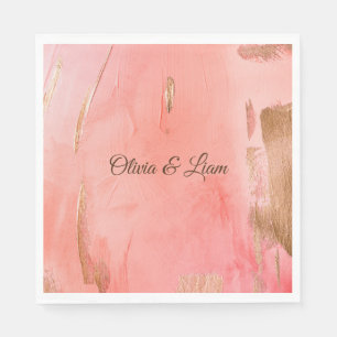Gold Pink Peach Brown Name Elegant Wedding Napkin